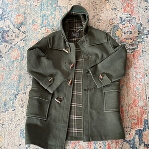 Vintage Burberrys Green Wool Duffle Coat With Hood & Plaid Lining Made n England